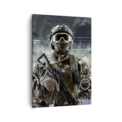 Bild auf Leinwand - Leinwandbild - Ein Soldat in einem futuristischen Helm mit einer Waffe vor dem Hintergrund der Technologie. - 50x70cm - Macht zu Macht - Moderne Wanddekoration für Wohnzimmer und Schlafzimmer ARTTOR