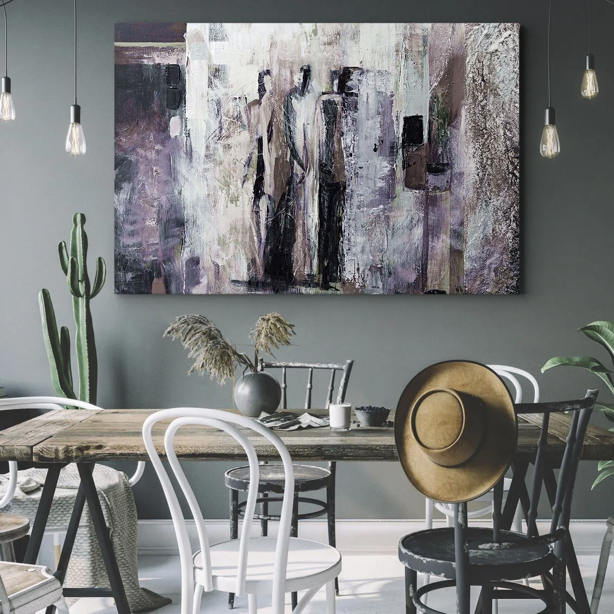 Bild auf Leinwand - Leinwandbild - Eine abstrakte Komposition mit drei Figuren in Pastellfarben. - 70x50cm - Die geheimnisvolle Drei - Moderne Wanddekoration für Wohnzimmer und Schlafzimmer ARTTOR