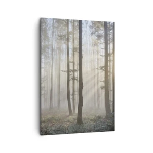 Bild auf Leinwand - Leinwandbild - Ein Wald in leichtem Nebel mit Sonnenstrahlen, die durch die Bäume scheinen - 50x70cm - Der Nebel ist auch aufgewacht - Moderne Wanddekoration für Wohnzimmer und Schlafzimmer ARTTOR
