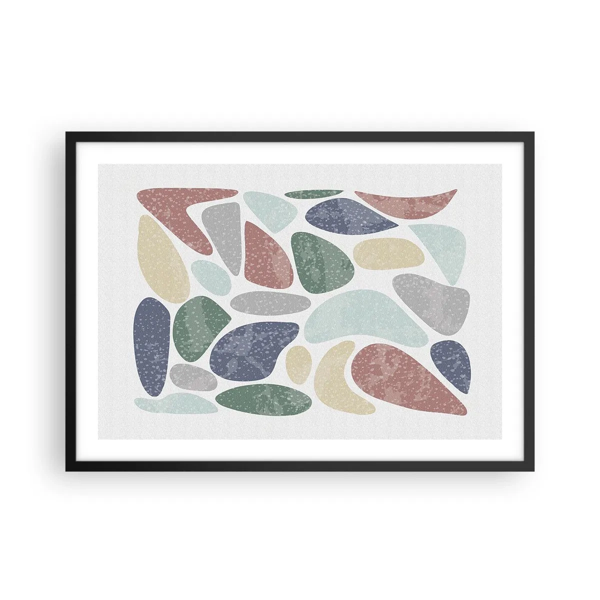 Poster in einem schwarzem Rahmen - Bunte organische Formen auf weißem Hintergrund - 70x50cm - Mosaik aus pulverförmigen Farben - Moderne Wanddekoration für Wohnzimmer und Schlafzimmer ARTTOR