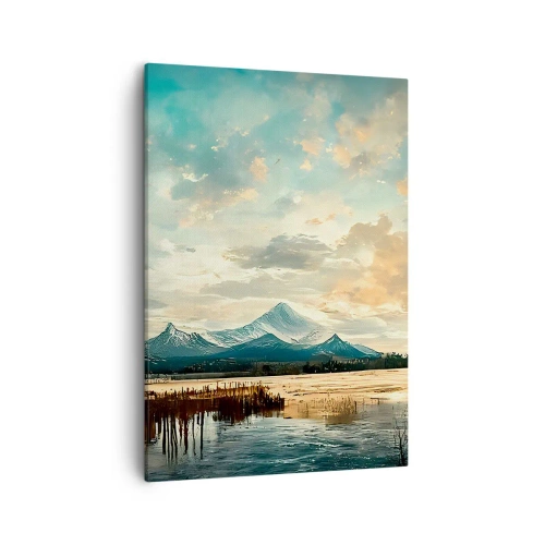 Bild auf Leinwand - Leinwandbild - Eine malerische Landschaft mit einem Berg und einem ruhigen See - 50x70cm - Unter dem Schutz des Himmels - Moderne Wanddekoration für Wohnzimmer und Schlafzimmer ARTTOR