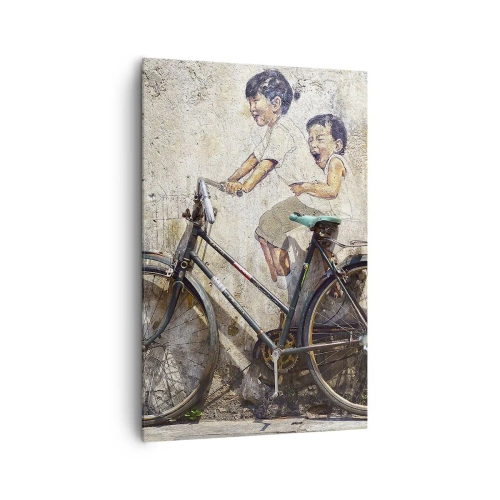 Bild auf Leinwand - Leinwandbild - Streetart mit Fahrrad und Kinderzeichnungen an der Wand - 80x120cm - Richtig oder falsch? - Moderne Wanddekoration für Wohnzimmer und Schlafzimmer ARTTOR