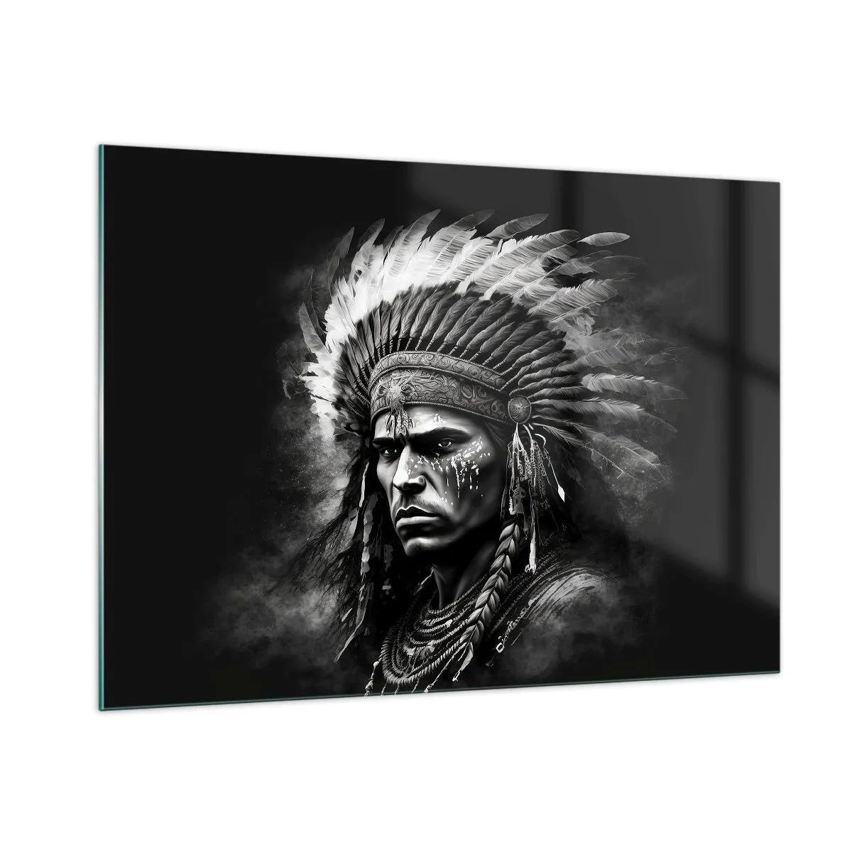 Glasbild - Bild auf glas - Schwarz-Weiß-Porträt eines Kriegers mit Federkopfschmuck - 100x70cm - Anführer und Krieger - Moderne Wanddekoration für Wohnzimmer und Schlafzimmer ARTTOR
