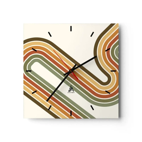 Wanduhr - Glasuhr - Geometrisches Muster in Grün-, Orange- und Beigetönen auf hellem Hintergrund - 30x30cm - Zickzack zum Ziel - Moderne Wanddekoration für Wohnzimmer und Schlafzimmer ARTTOR