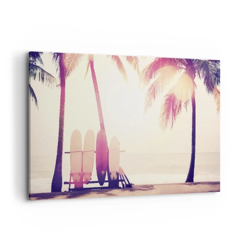 Bild auf Leinwand - Leinwandbild - Palmen und Surfbretter am Strand im Sonnenschein - 120x80cm - Es wird ein toller Tag - Moderne Wanddekoration für Wohnzimmer und Schlafzimmer ARTTOR