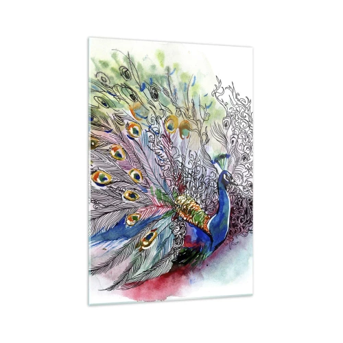 Glasbild - Bild auf glas - Ein Pfau im farbenfrohen Aquarellstil mit abstrakten Federn - 70x100cm - Mit Stolz gegen Grau - Moderne Wanddekoration für Wohnzimmer und Schlafzimmer ARTTOR