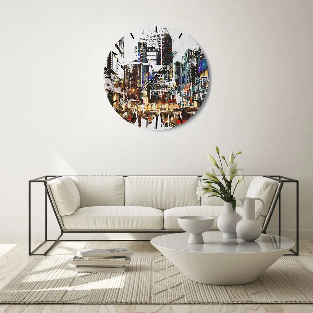 Wanduhr - Glasuhr - Abstraktes Stadtpanorama in intensiven Farben - 30x30cm - Eine schillernde Stadt - Moderne Wanddekoration für Wohnzimmer, Küche und Schlafzimmer ARTTOR