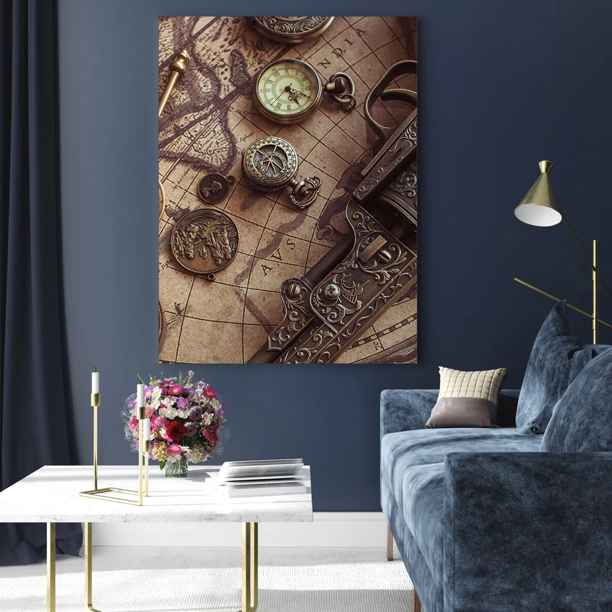 Glasbild - Bild auf glas - Antike Gegenstände auf einer alten Karte im Retro-Stil - 80x120cm - Das Abenteuer ruft - Moderne Wanddekoration für Wohnzimmer und Schlafzimmer ARTTOR