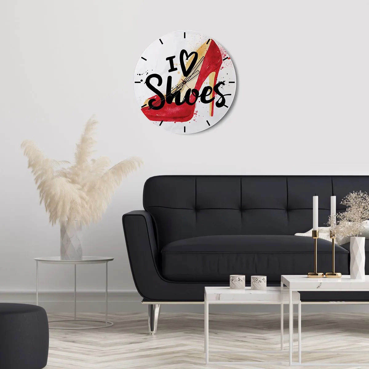 Wanduhr - Glasuhr - Ein roter High Heel mit der Aufschrift „I love shoes“. - 30x30cm - Liebe hat viele Namen - Moderne Wanddekoration für Wohnzimmer, Küche und Schlafzimmer ARTTOR