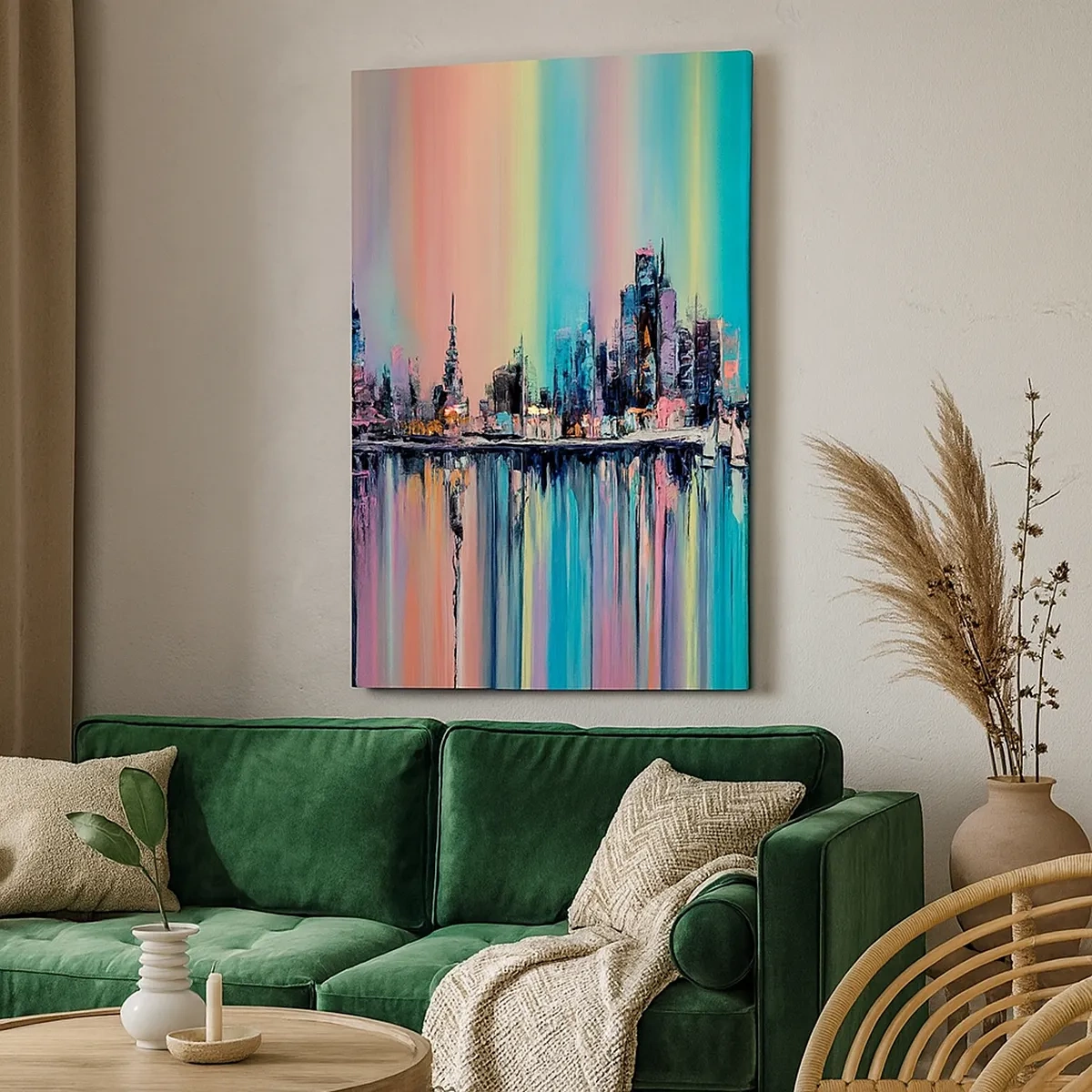 Bild auf Leinwand - Leinwandbild - Buntes Stadtbild mit Spiegelung auf dem Wasser - 50x70cm - Um das Licht der Nacht herunterzufallen - Moderne Wanddekoration für Wohnzimmer und Schlafzimmer ARTTOR