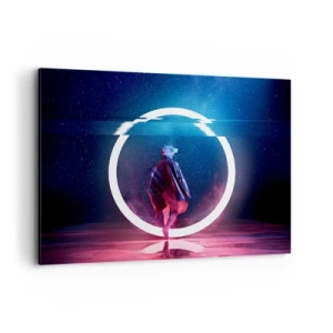 Bild auf Leinwand - Leinwandbild - Eine Figur in einer futuristischen Umgebung mit einem Neonkreis - 100x70cm - Zwischen den Welten - Moderne Wanddekoration für Wohnzimmer und Schlafzimmer ARTTOR