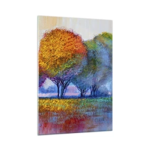Glasbild - Bild auf glas - Bunte Bäume in Herbstfarben vor blauem Himmel - 50x70cm - Ein Haufen leuchtender Farben - Moderne Wanddekoration für Wohnzimmer und Schlafzimmer ARTTOR