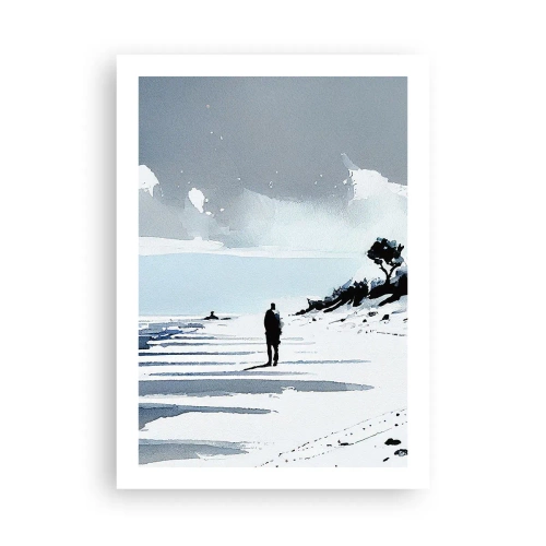 Poster - Eine einsame Gestalt am Strand in Aquarelltönen - 50x70cm - Allein sein - Moderne Wanddekoration für Wohnzimmer und Schlafzimmer ARTTOR