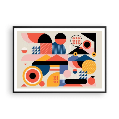 Poster in einem schwarzem Rahmen - Bunte geometrische Formen im Retro-Stil - 100x70cm - Komposition: Na, los, spiel! - Moderne Wanddekoration für Wohnzimmer und Schlafzimmer ARTTOR