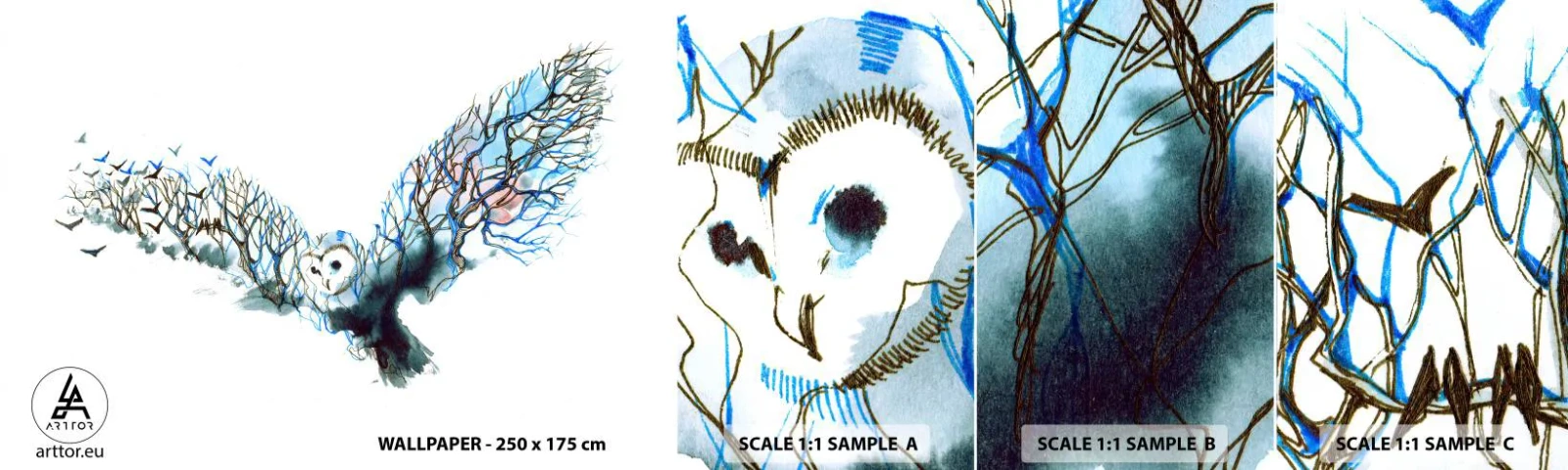 Fototapeten Muster Selbstklebend Deluxe Sticker - Auf den Flügeln des Waldes - Abstraktion, Eule, Vogel - 100x30 cm