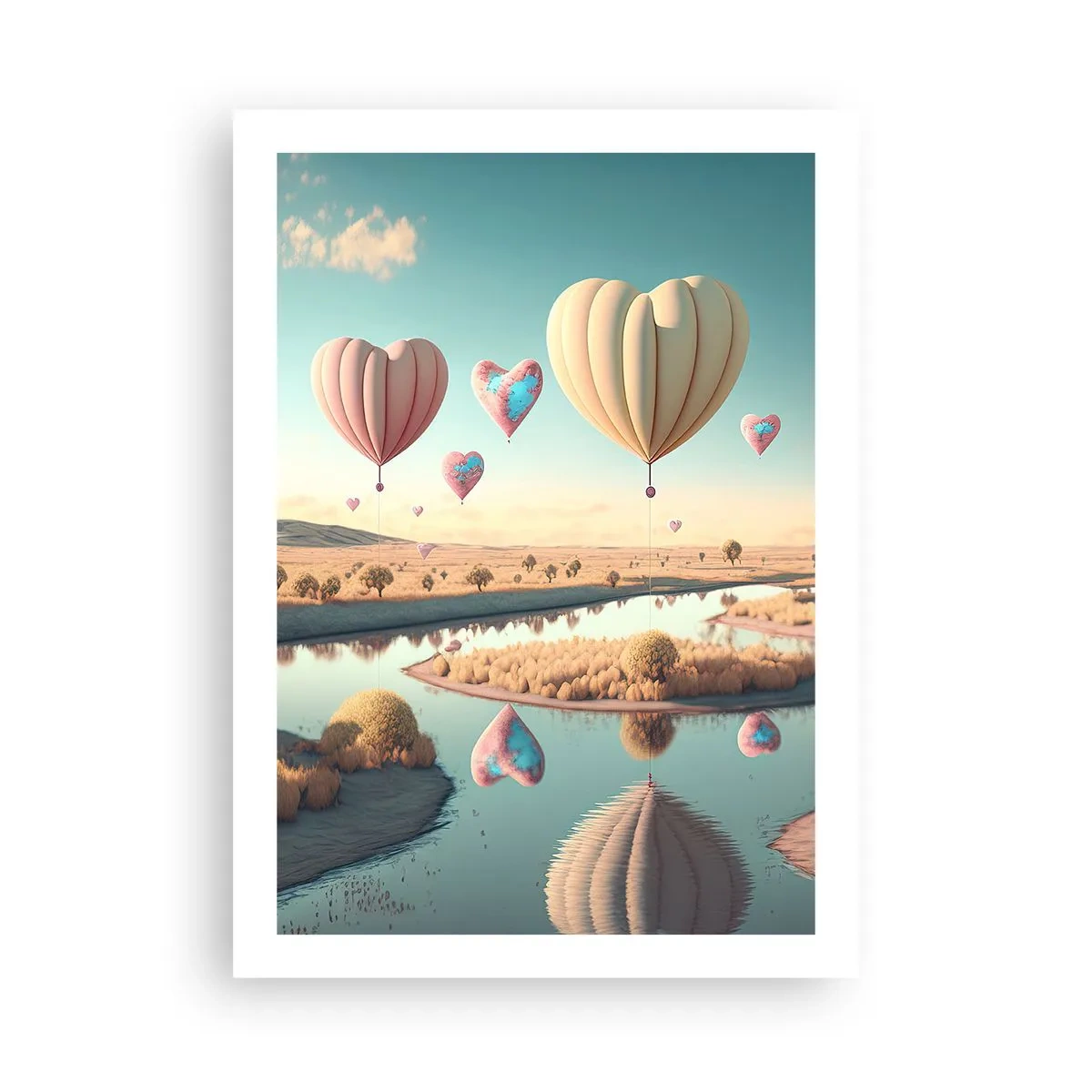 Poster - Herzförmige Ballons schweben über der Landschaft - 50x70cm - Dank Liebe steigt man auf - Moderne Wanddekoration für Wohnzimmer und Schlafzimmer ARTTOR
