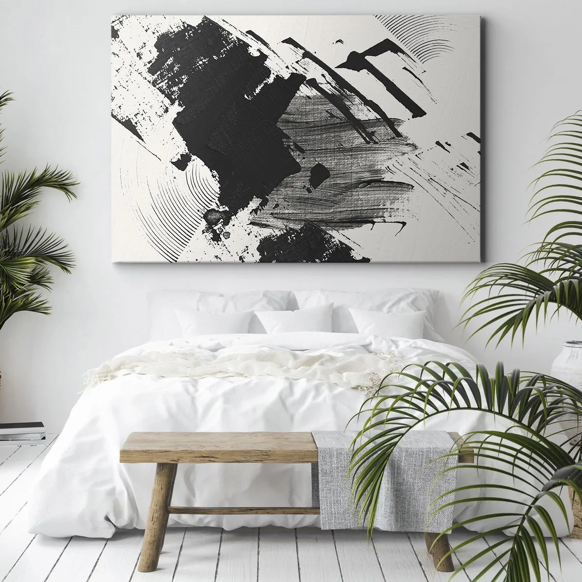 Bild auf Leinwand - Leinwandbild - Abstrakte Striche in Schwarz auf weißem Hintergrund - 70x50cm - Abstraktion – Ausdruck von Schwarz - Moderne Wanddekoration für Wohnzimmer und Schlafzimmer ARTTOR