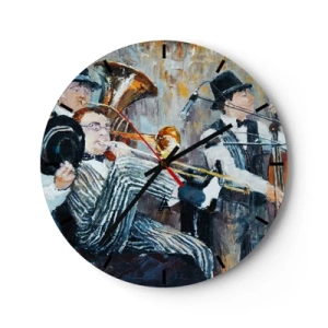 Wanduhr - Glasuhr - Eine Jazzband aus künstlerischer Sicht - 30x30cm - Der ganze Jazz - Moderne Wanddekoration für Wohnzimmer, Küche und Schlafzimmer ARTTOR
