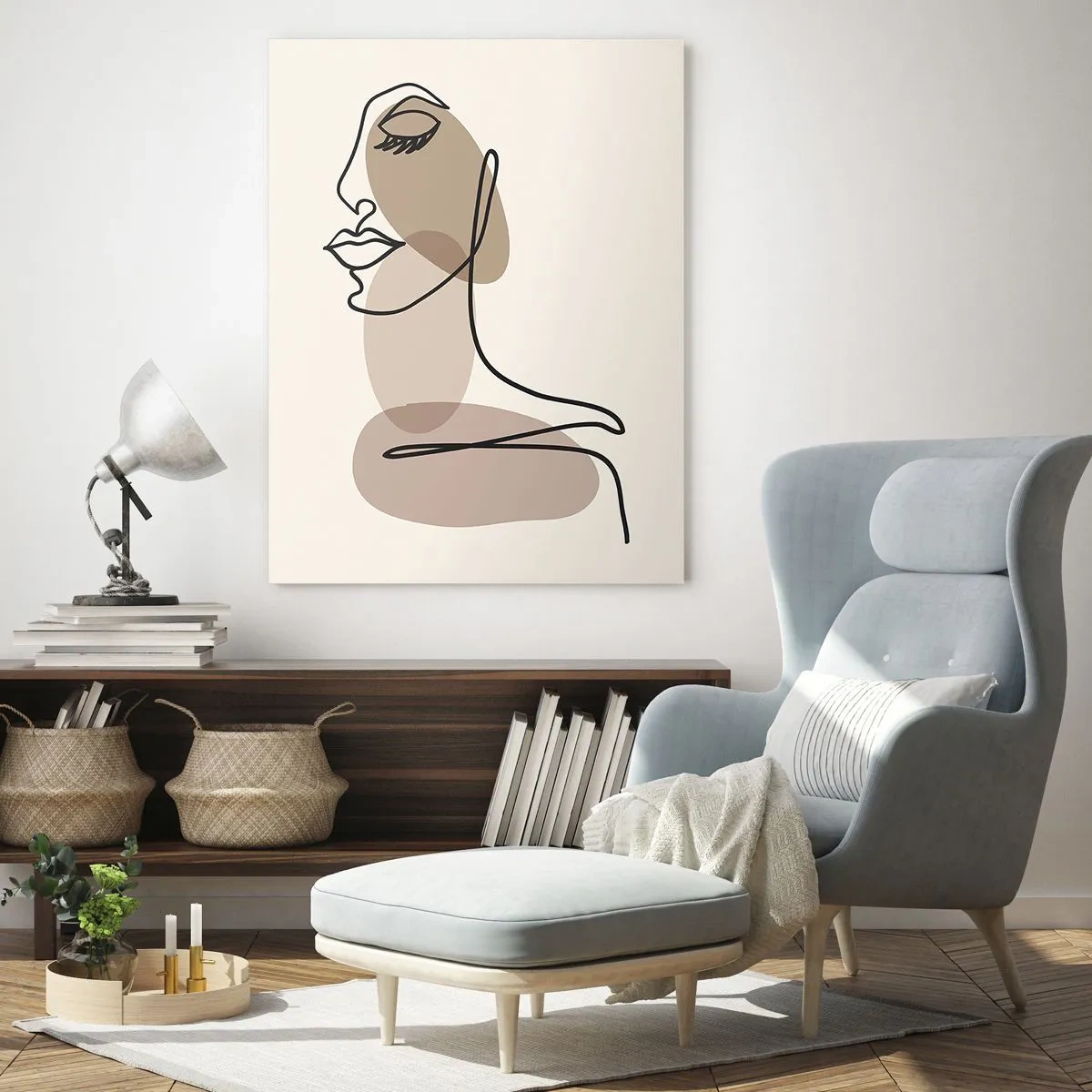 Glasbild - Bild auf glas - Ein weibliches Profil im minimalistischen Line-Art-Stil - 70x100cm - Eine gewisse Linie der Schönheit - Moderne Wanddekoration für Wohnzimmer und Schlafzimmer ARTTOR