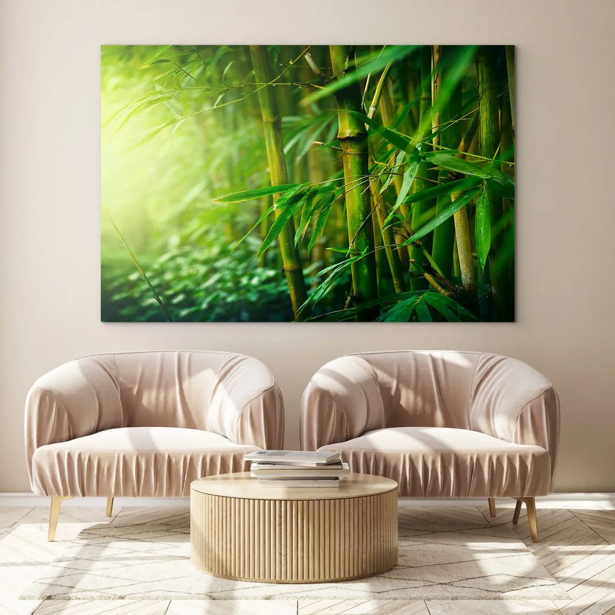 Glasbild - Bild auf glas - Grüner Bambuswald im Sonnenschein - 70x50cm - Lerne Grün selbst kennen - Moderne Wanddekoration für Wohnzimmer und Schlafzimmer ARTTOR