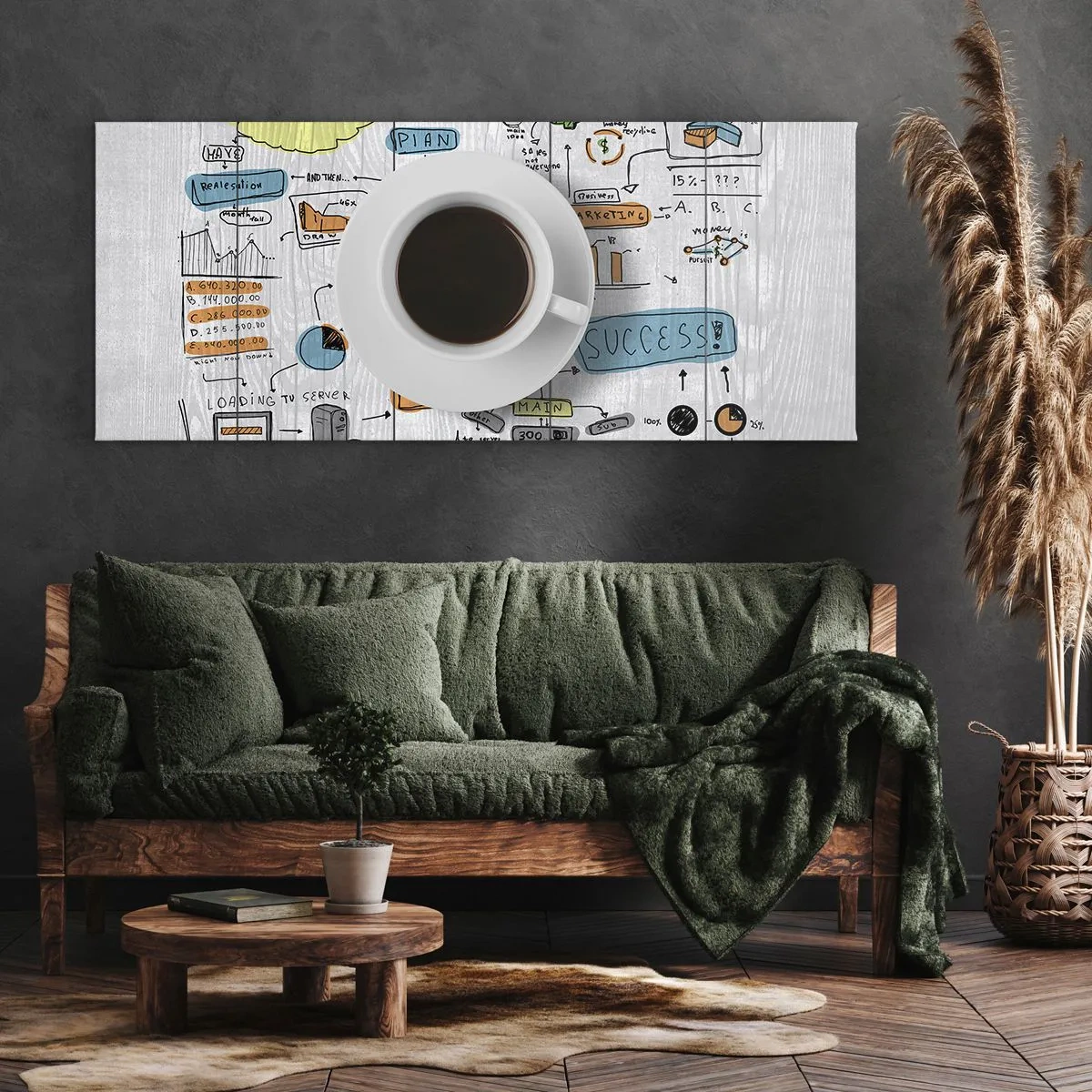 Bild auf Leinwand - Leinwandbild - Eine Tasse Kaffee vor dem Hintergrund einer konzeptionellen Zeichnung - 160x50cm - Zeit für eine Pause - Moderne Wanddekoration für Wohnzimmer und Schlafzimmer ARTTOR