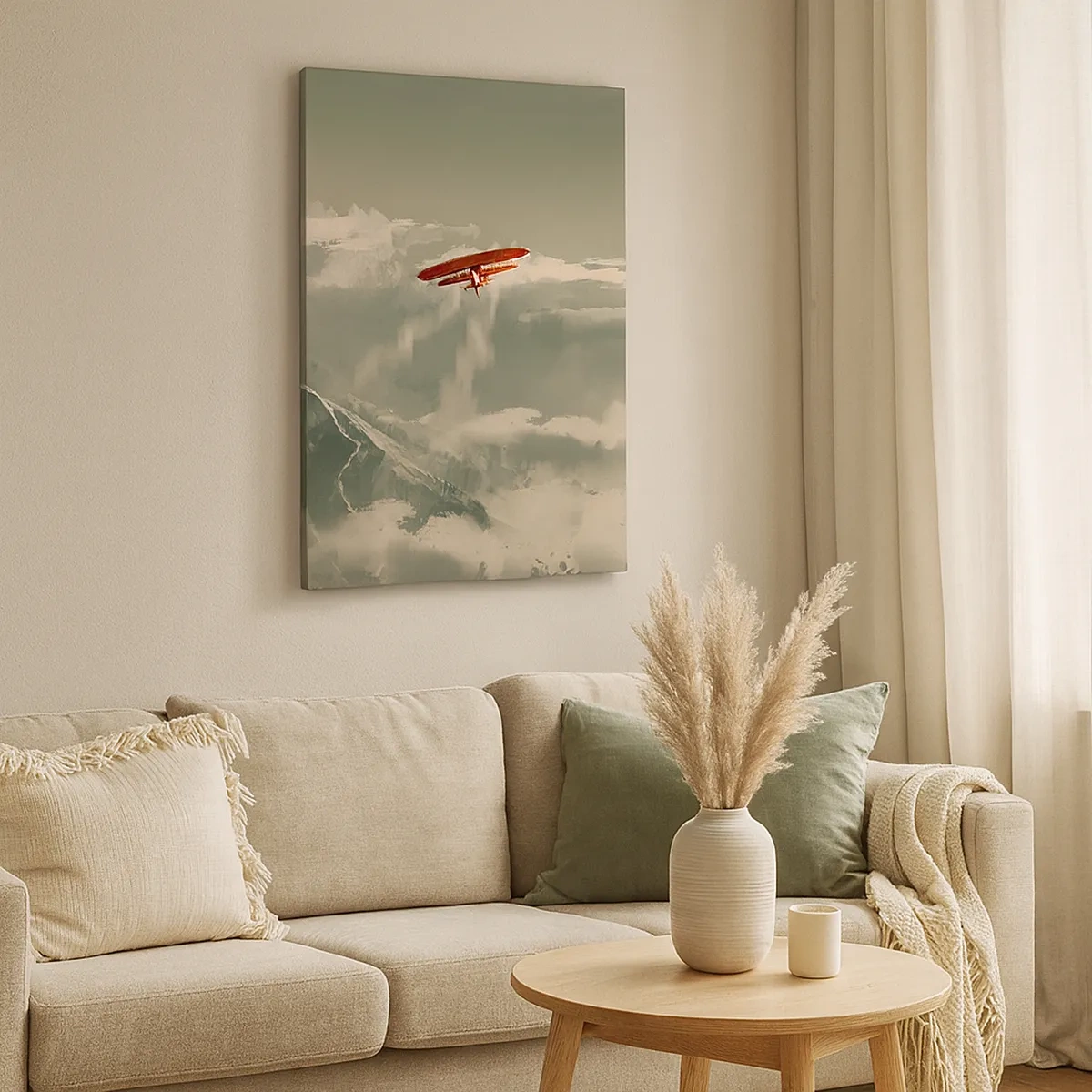 Bild auf Leinwand - Leinwandbild - Rotes Flugzeug über schneebedeckten Bergen - 50x70cm - Furchtloser Pionier - Moderne Wanddekoration für Wohnzimmer und Schlafzimmer ARTTOR