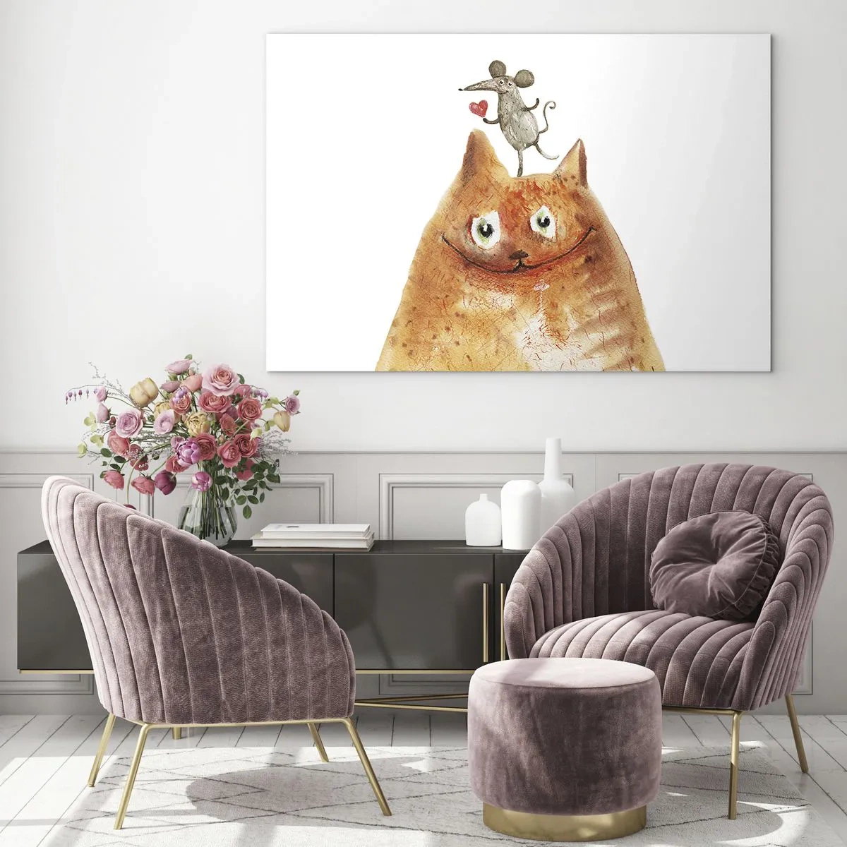 Glasbild - Bild auf glas - Eine Katze mit einer Maus auf dem Kopf im humorvollen Stil - 70x50cm - Paradoxien der Liebe - Moderne Wanddekoration für Wohnzimmer und Schlafzimmer ARTTOR