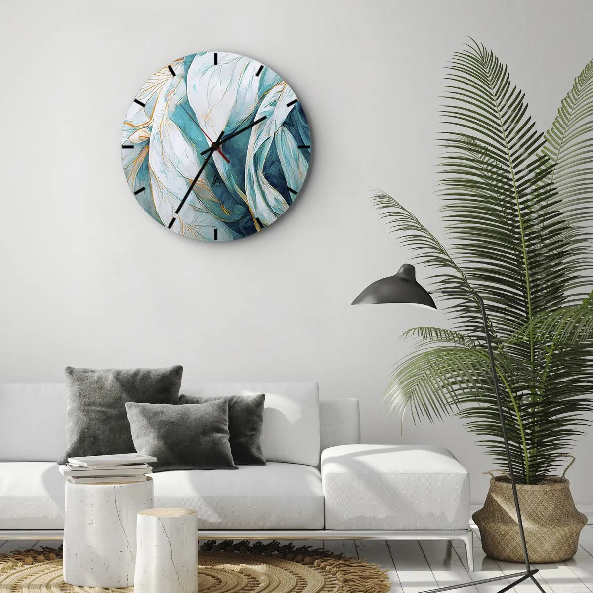 Wanduhr - Glasuhr - Blaue Abstraktion mit goldenem Motiv - 30x30 cm