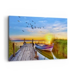 Bild auf Leinwand - Leinwandbild - Ein Boot an einem Holzsteg bei Sonnenuntergang - 120x80cm - Bis morgen - Moderne Wanddekoration für Wohnzimmer und Schlafzimmer ARTTOR