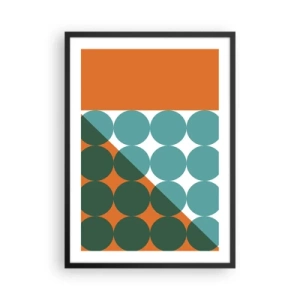 Poster in einem schwarzem Rahmen - Abstrakte geometrische Komposition mit Kreisen in Orange- und Grüntönen. - 50x70cm - Nach oben und schräg - Moderne Wanddekoration für Wohnzimmer und Schlafzimmer ARTTOR