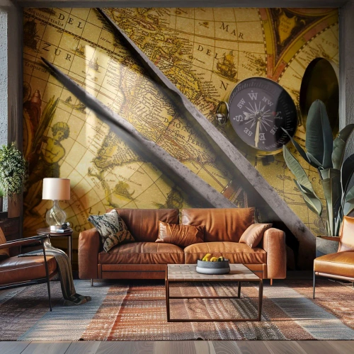 Fototapete Premium Sand - Antike Weltkarte mit Kompass und Kompass auf goldenem Hintergrund - 100x70cm - Wo sind diese Schätze? - Moderne Wanddekoration für Wohnzimmer und Schlafzimmer ARTTOR