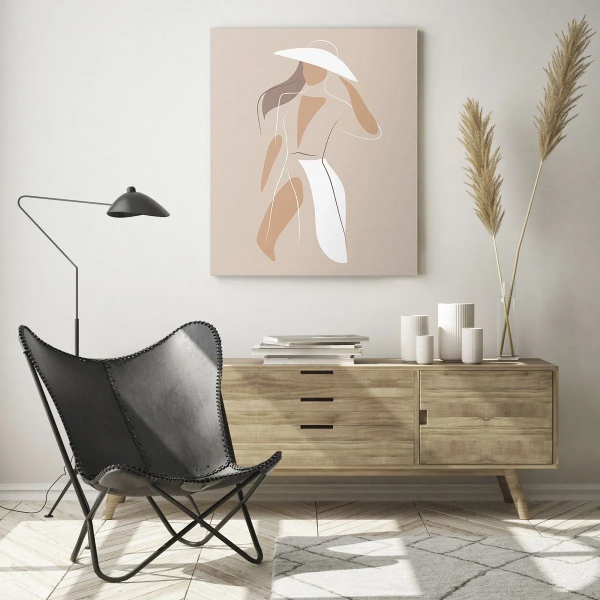 Glasbild - Bild auf glas - Eine minimalistische Zeichnung einer Frau mit Hut auf beigem Hintergrund. - 70x100cm - Mode macht Spaß - Moderne Wanddekoration für Wohnzimmer und Schlafzimmer ARTTOR