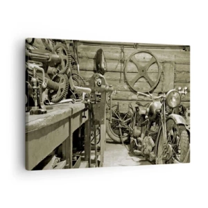 Bild auf Leinwand - Leinwandbild - Retro-Werkstatt mit Motorrädern und Werkzeug - 70x50cm - Im Schuppen von Onkel Władek - Moderne Wanddekoration für Wohnzimmer und Schlafzimmer ARTTOR