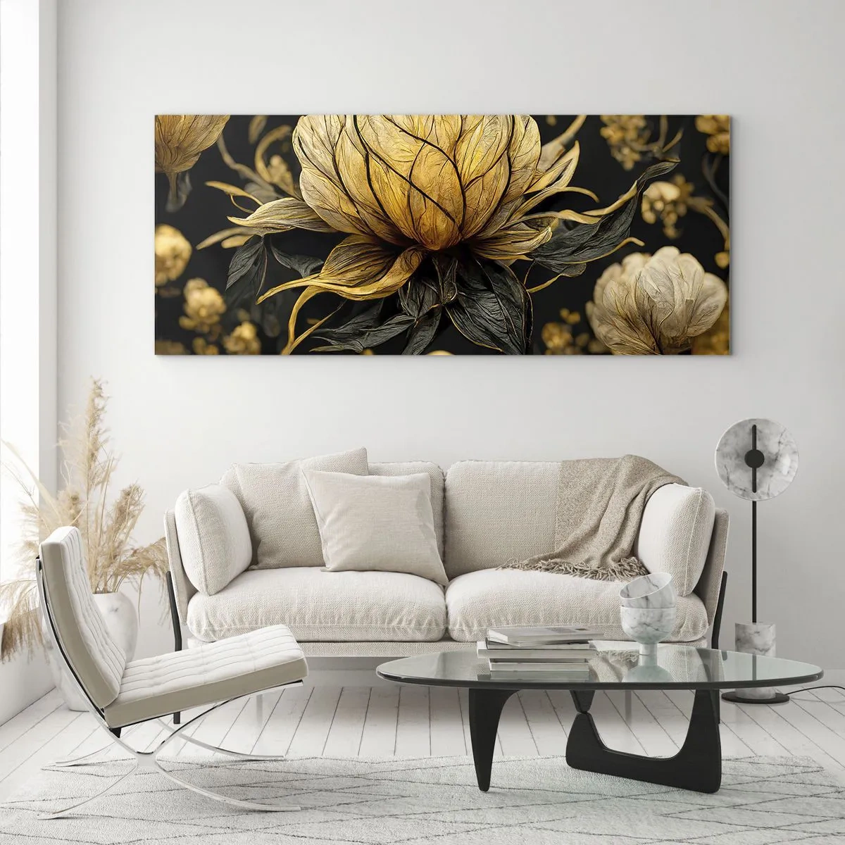 Glasbild - Bild auf glas - Goldene Blume auf dunklem Hintergrund - 120x50cm - Subtile Zerbrechlichkeit - Moderne Wanddekoration für Wohnzimmer und Schlafzimmer ARTTOR