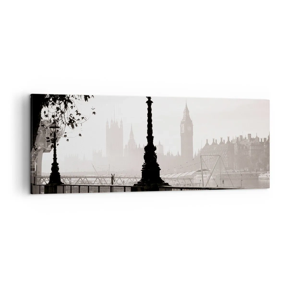 Bild auf Leinwand - Leinwandbild - Eine monochrome Ansicht von Big Ben und der Themse. - 140x50cm - Londoner Morgen - Moderne Wanddekoration für Wohnzimmer und Schlafzimmer ARTTOR