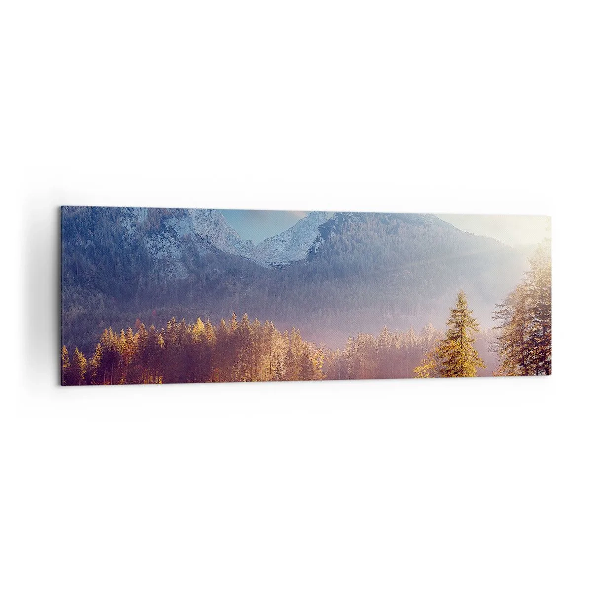 Bild auf Leinwand - Leinwandbild - Malerischer Blick auf den Bergwald und den See im Morgengrauen - 160x50cm - In den Bergen und Tälern - Moderne Wanddekoration für Wohnzimmer und Schlafzimmer ARTTOR