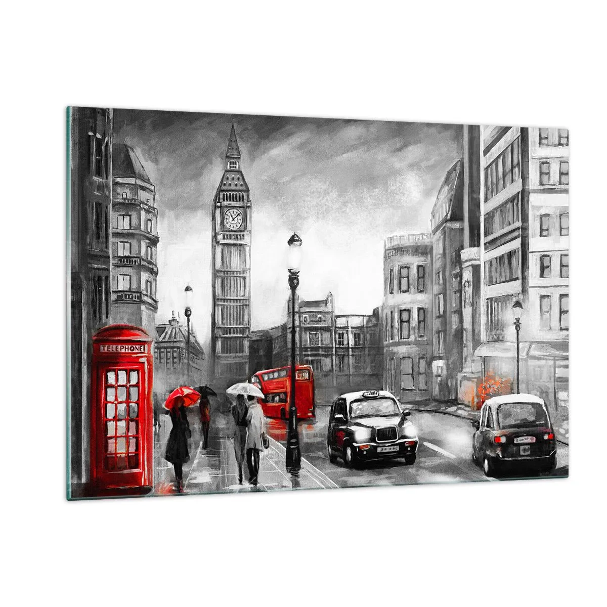 Glasbild - Bild auf glas - Big Ben und die Straßen von London mit roten Akzenten auf grauem Hintergrund - 120x80cm - Gar keine graue Stadt - Moderne Wanddekoration für Wohnzimmer und Schlafzimmer ARTTOR