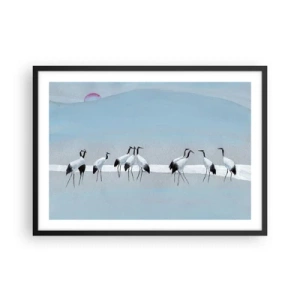 Poster in einem schwarzem Rahmen - Eine Gruppe von Kranichen vor blauem Himmel und der aufgehenden Sonne - 70x50cm - Nach einem heißen Tag - Moderne Wanddekoration für Wohnzimmer und Schlafzimmer ARTTOR