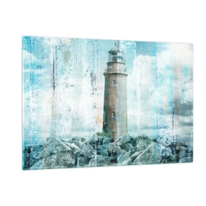 Glasbild - Bild auf glas - Vintage Leuchtturm mit Wolken im Hintergrund - 120x80cm - Auf altem Holz - Moderne Wanddekoration für Wohnzimmer und Schlafzimmer ARTTOR