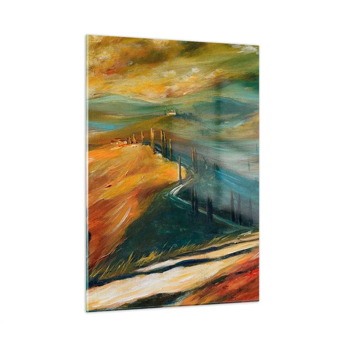 Glasbild - Bild auf glas - Sonnenuntergang über einem toskanischen Hügel - 50x70cm - Toskanische Landschaft - Moderne Wanddekoration für Wohnzimmer und Schlafzimmer ARTTOR