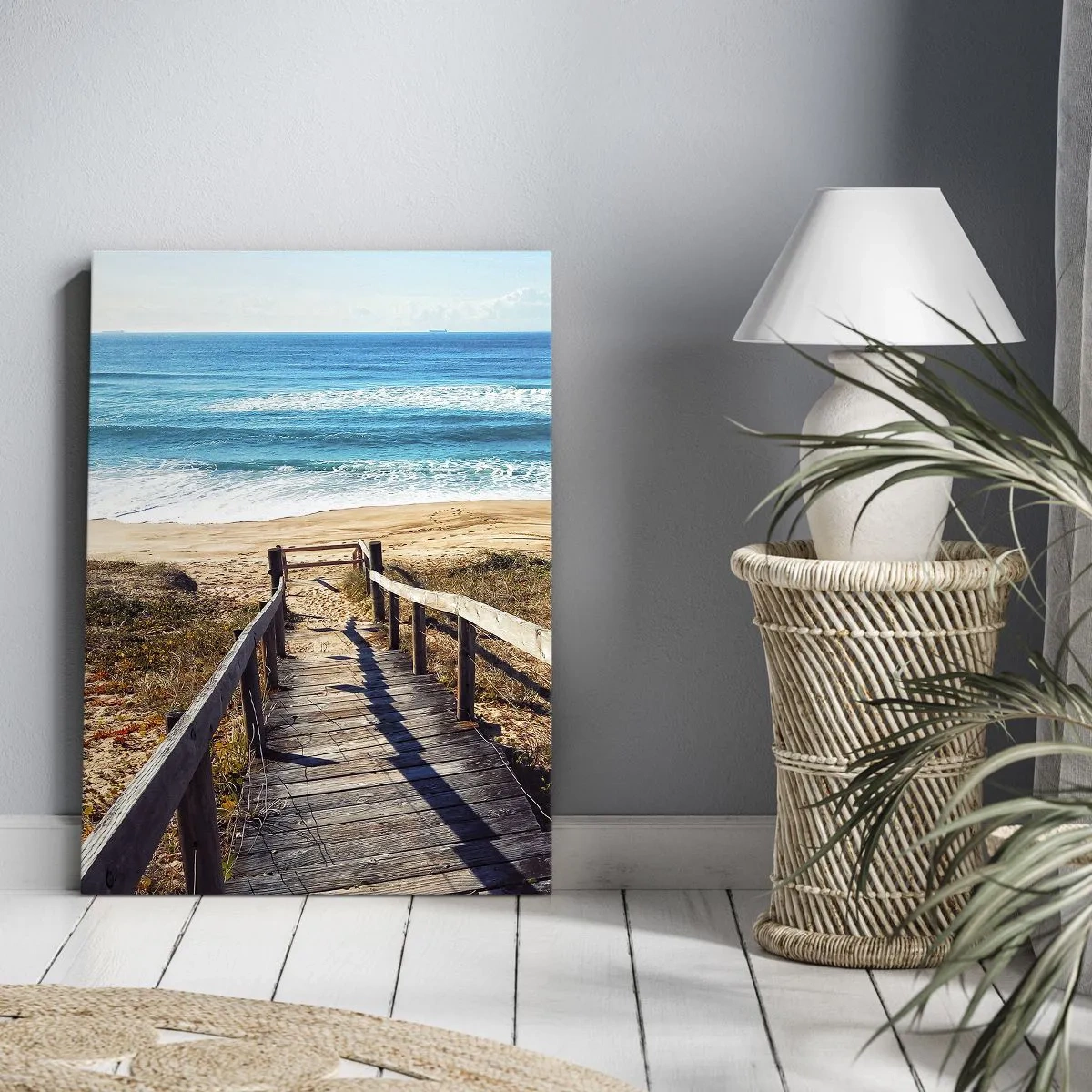 Bild auf Leinwand - Leinwandbild - Holzweg zum Strand - 80x120cm - Lauf! - Moderne Wanddekoration für Wohnzimmer und Schlafzimmer ARTTOR