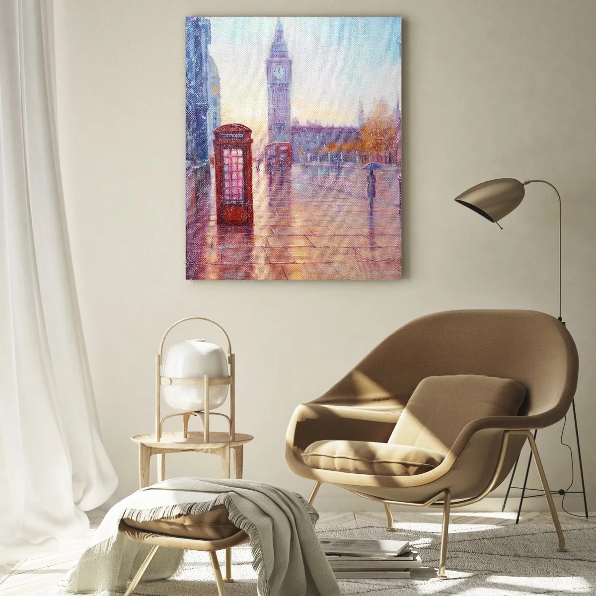 Glasbild - Bild auf glas - Londoner Straße mit Big Ben an einem regnerischen Tag - 70x100cm - Londoner Herbsttag - Moderne Wanddekoration für Wohnzimmer und Schlafzimmer ARTTOR