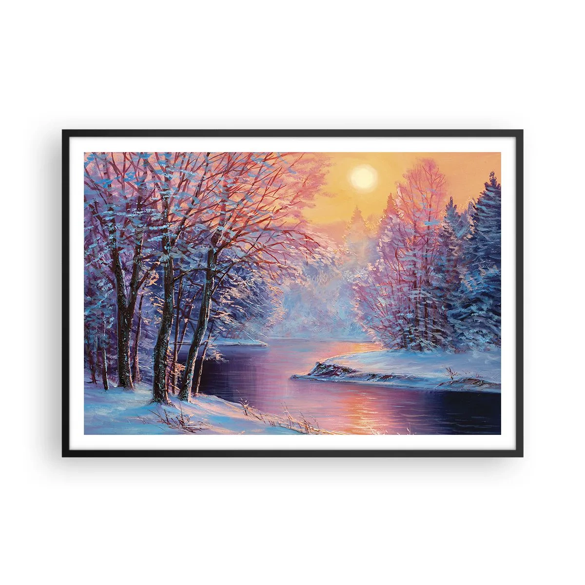 Poster in einem schwarzem Rahmen - Winterlandschaft mit Fluss und Bäumen bei Sonnenaufgang - 100x70cm - Die Farben des Winters - Moderne Wanddekoration für Wohnzimmer und Schlafzimmer ARTTOR