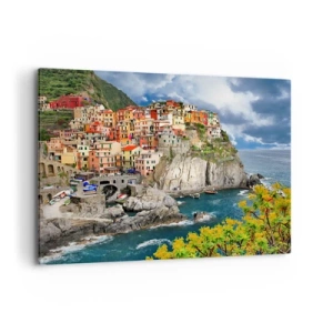 Bild auf Leinwand - Leinwandbild - Bunte Häuser auf einer Klippe mit Blick auf das Meer in Cinque Terre - 100x70cm - Eine Gruppe umarmt die Felsen - Moderne Wanddekoration für Wohnzimmer und Schlafzimmer ARTTOR