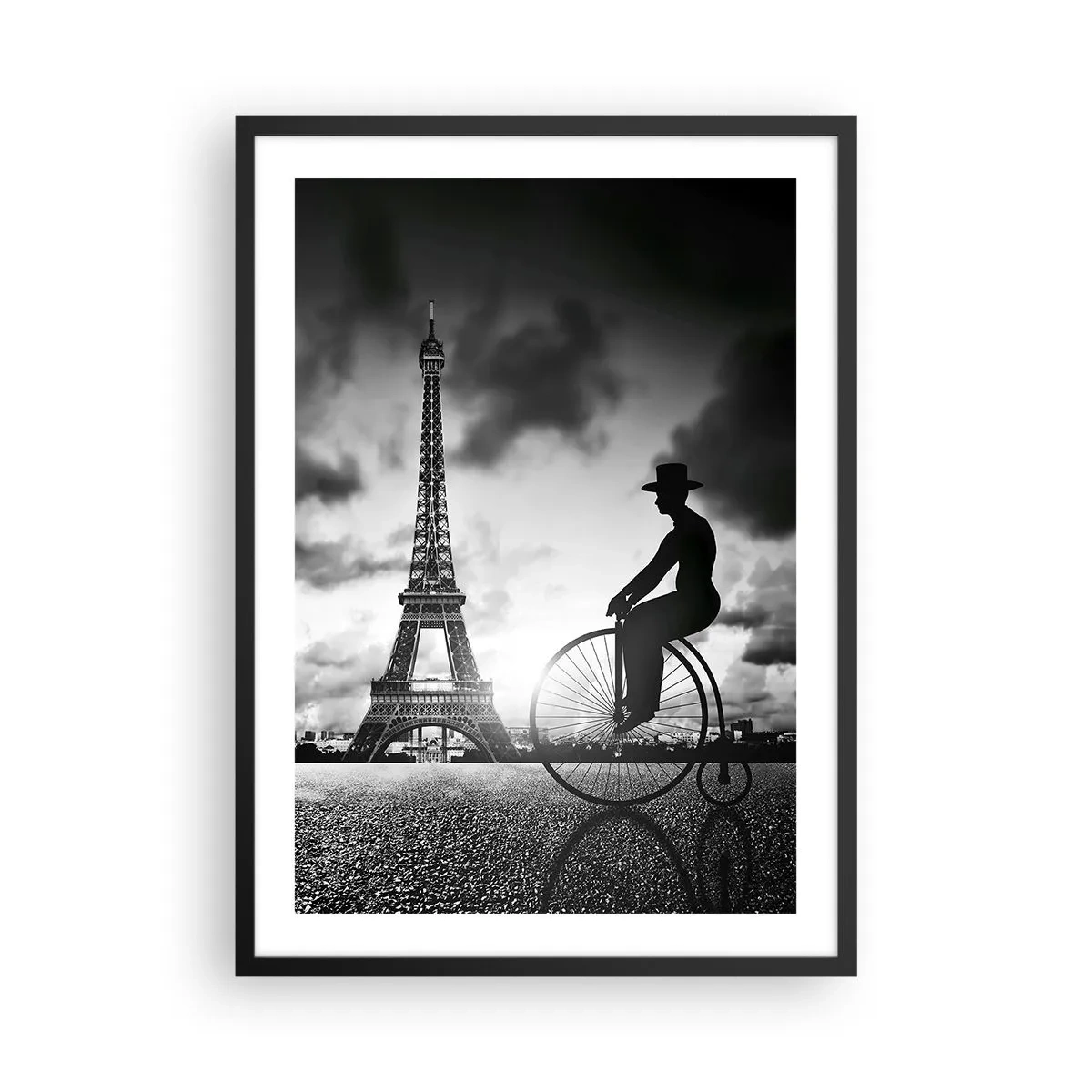 Poster in einem schwarzem Rahmen - Silhouette eines Radfahrers vor dem Hintergrund des Eiffelturms - 50x70cm - Sehnsucht nach Belle Epoque - Moderne Wanddekoration für Wohnzimmer und Schlafzimmer ARTTOR