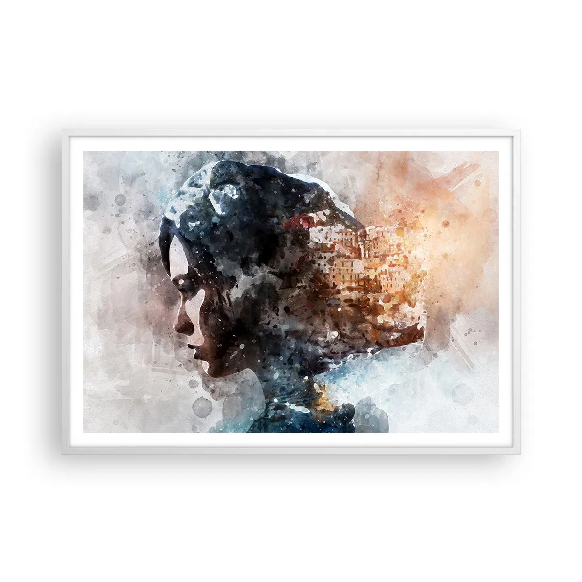 Poster in einem weißen Rahmen - Eine Geschichte über ein Mädchen mit einer Stadt im Hintergrund - 100x70 cm