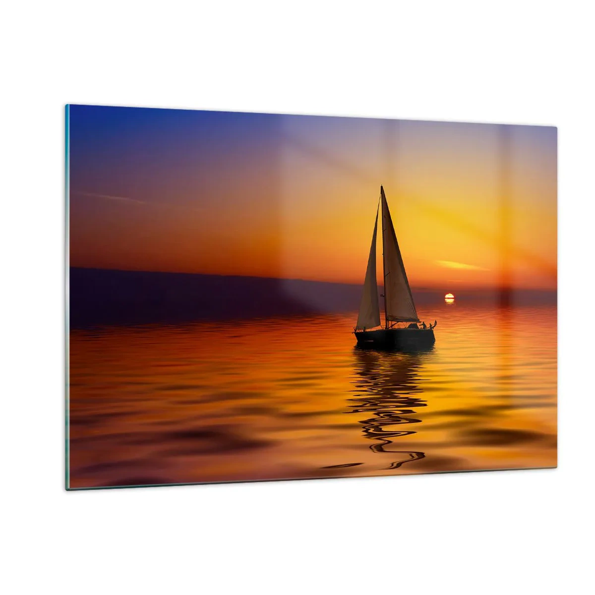 Glasbild - Bild auf glas - Ein Segelboot auf dem Wasser bei Sonnenuntergang - 120x80cm - Wie ruhig es hier in der Abenddämmerung ist... - Moderne Wanddekoration für Wohnzimmer und Schlafzimmer ARTTOR