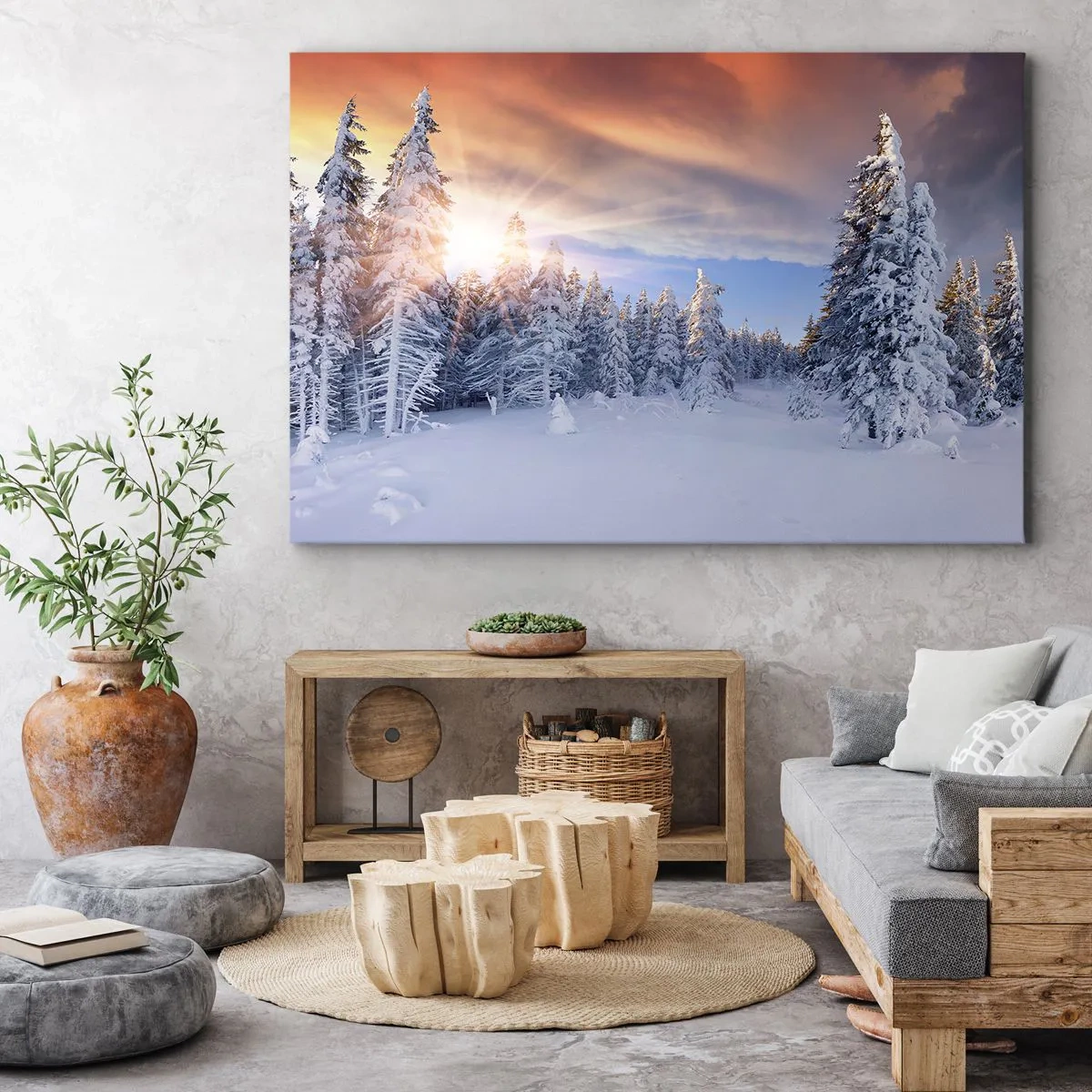 Bild auf Leinwand - Leinwandbild - Winterlandschaft mit schneebedecktem Wald bei Sonnenuntergang - 70x50cm - Ein verschneites Naturschauspiel - Moderne Wanddekoration für Wohnzimmer und Schlafzimmer ARTTOR