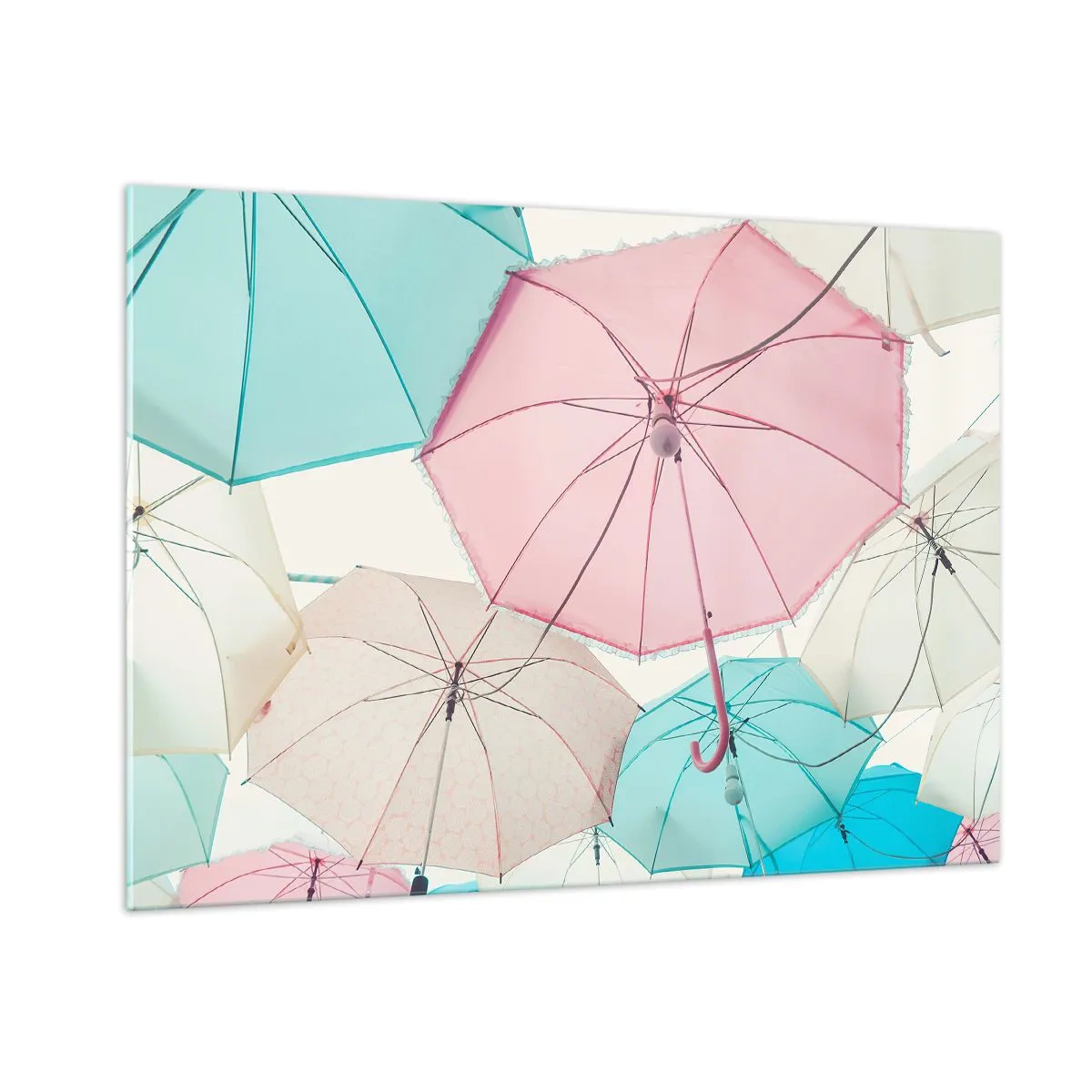 Glasbild - Bild auf glas - Bunte Regenschirme schweben in der Luft - 100x70cm - Mal Sonne, mal Regen - Moderne Wanddekoration für Wohnzimmer und Schlafzimmer ARTTOR