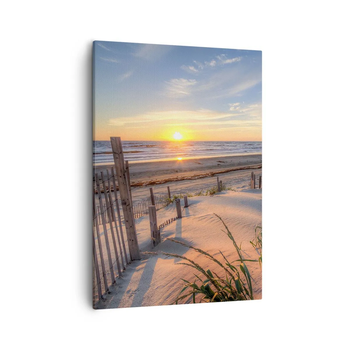 Bild auf Leinwand - Leinwandbild - Sonnenuntergangsstrand mit Holzzaun - 50x70cm - Schein und Schatten des Windes - Moderne Wanddekoration für Wohnzimmer und Schlafzimmer ARTTOR